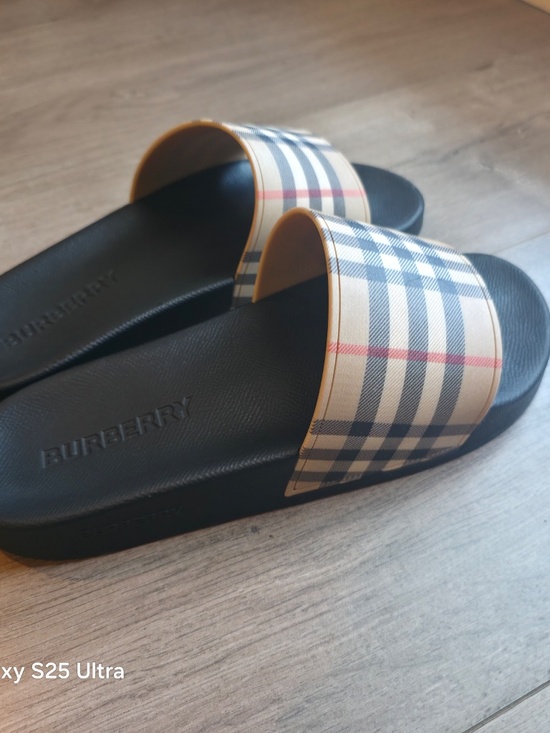 Burberry Novacheck Slide Sandals in Black and Beige